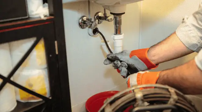 Drain cleaning technician using a motorized plumbing snake to clear a clogged sink pipe in Colorado Springs, CO